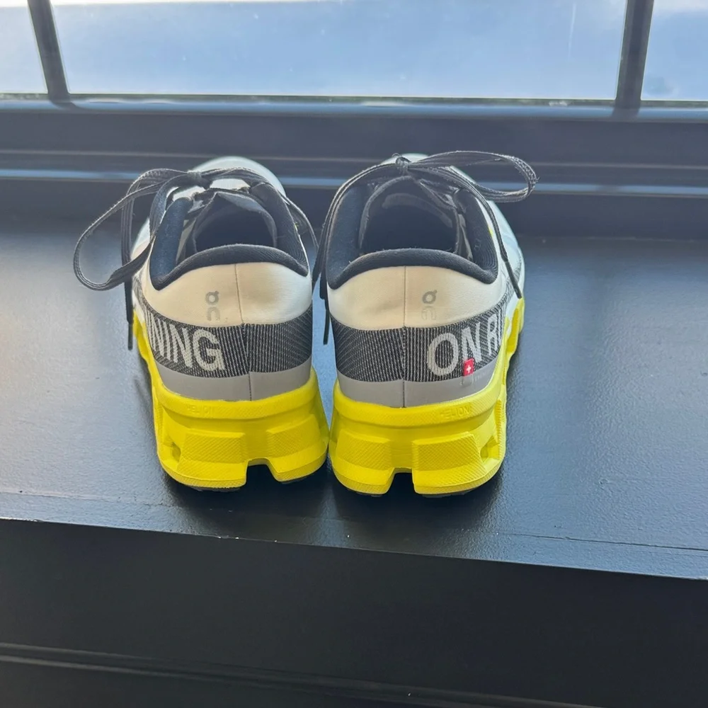 On Running Cloudmonster Hyper White and Neon Yellow Athletic Shoes - Picture 6 of 8